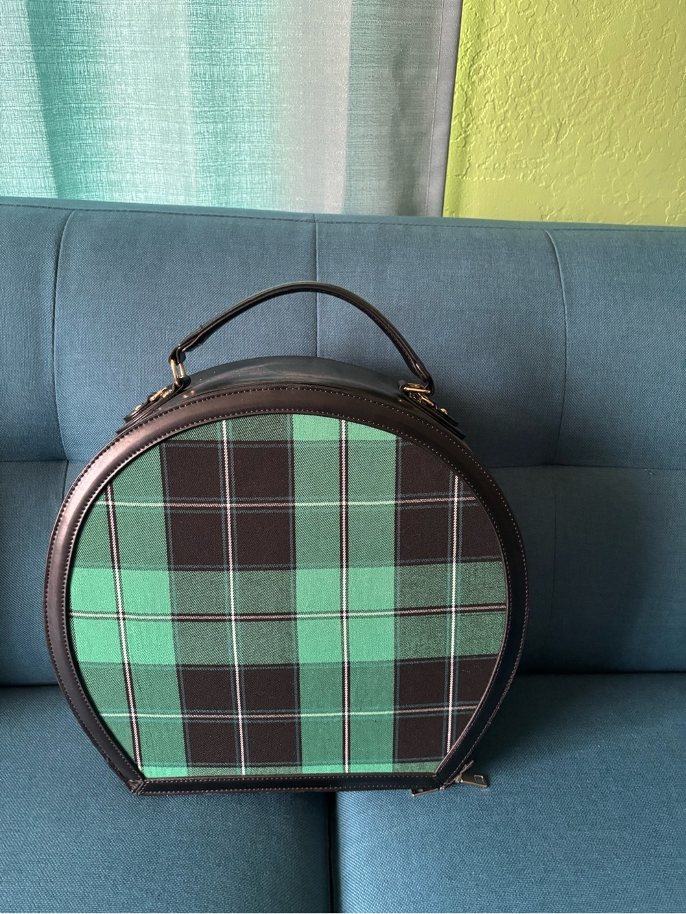 Round Plaid Box Handbag in Green and Black